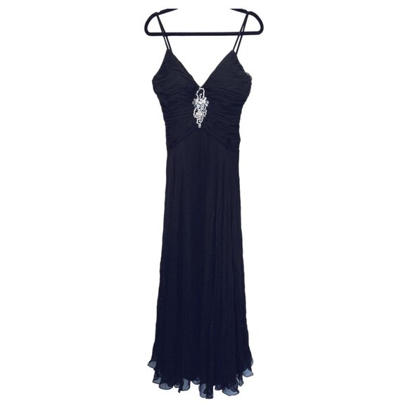 Basix lI Silk Chiffon Formal Full-Length Gown, Crystal Brooch size 8, black - Picture 1 of 6